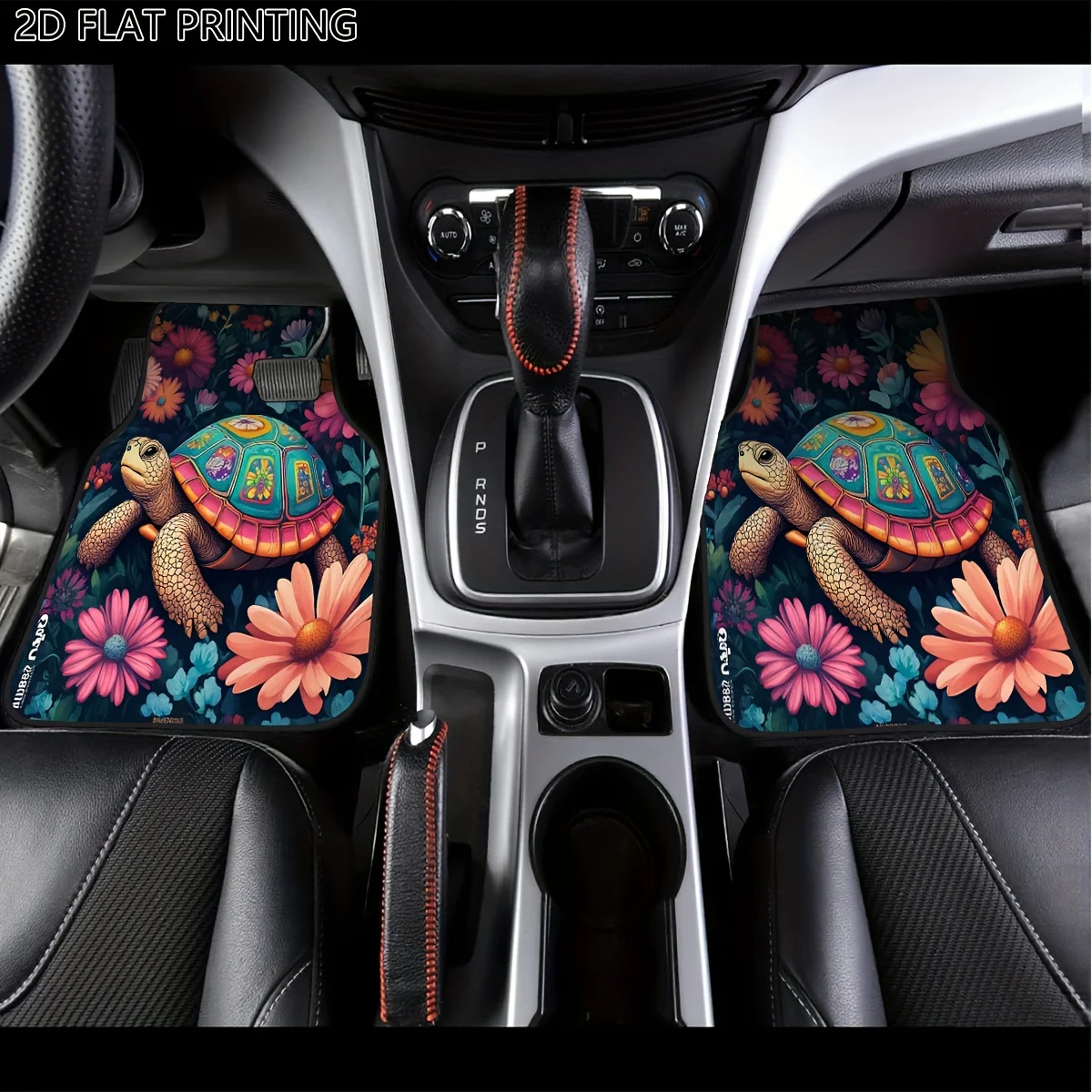 2pcs Or 4pcs All-Weather Fit Car Floor Mats With Non-Slip Grip, Floral Turtle & Pink Daisy Design In Blue, Green, Orange, Black,