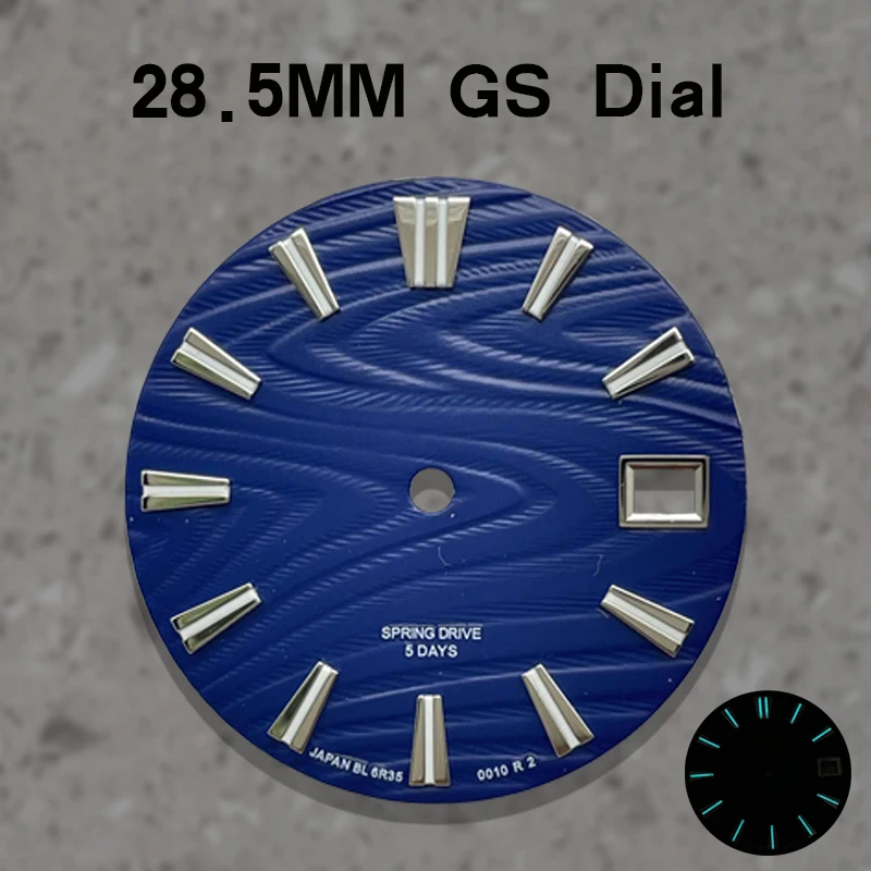 NH35 28.5mm Dial motif pohon cedar dengan logo GS, bercahaya hijau/biru, cocok untuk aksesori modifikasi jam tangan dengan mesin NH35/NH36.