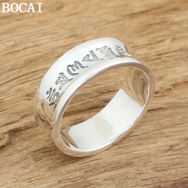 BOCAI New S925 Sterling Silver Jewelry Vintage Personality Six Character Mantra Ring A Selected Gift For Men And Women