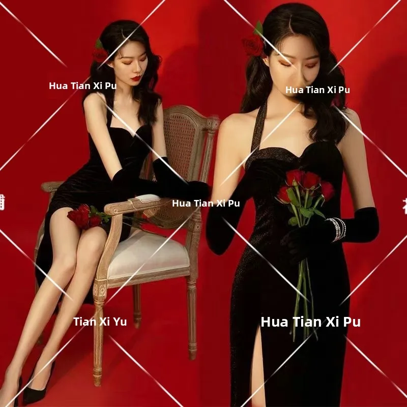

New Vintage Hong Kong Style Velvet Dress for Girls Artistic Photography Studio Shoots Private Photography Shoots Strapless Gown