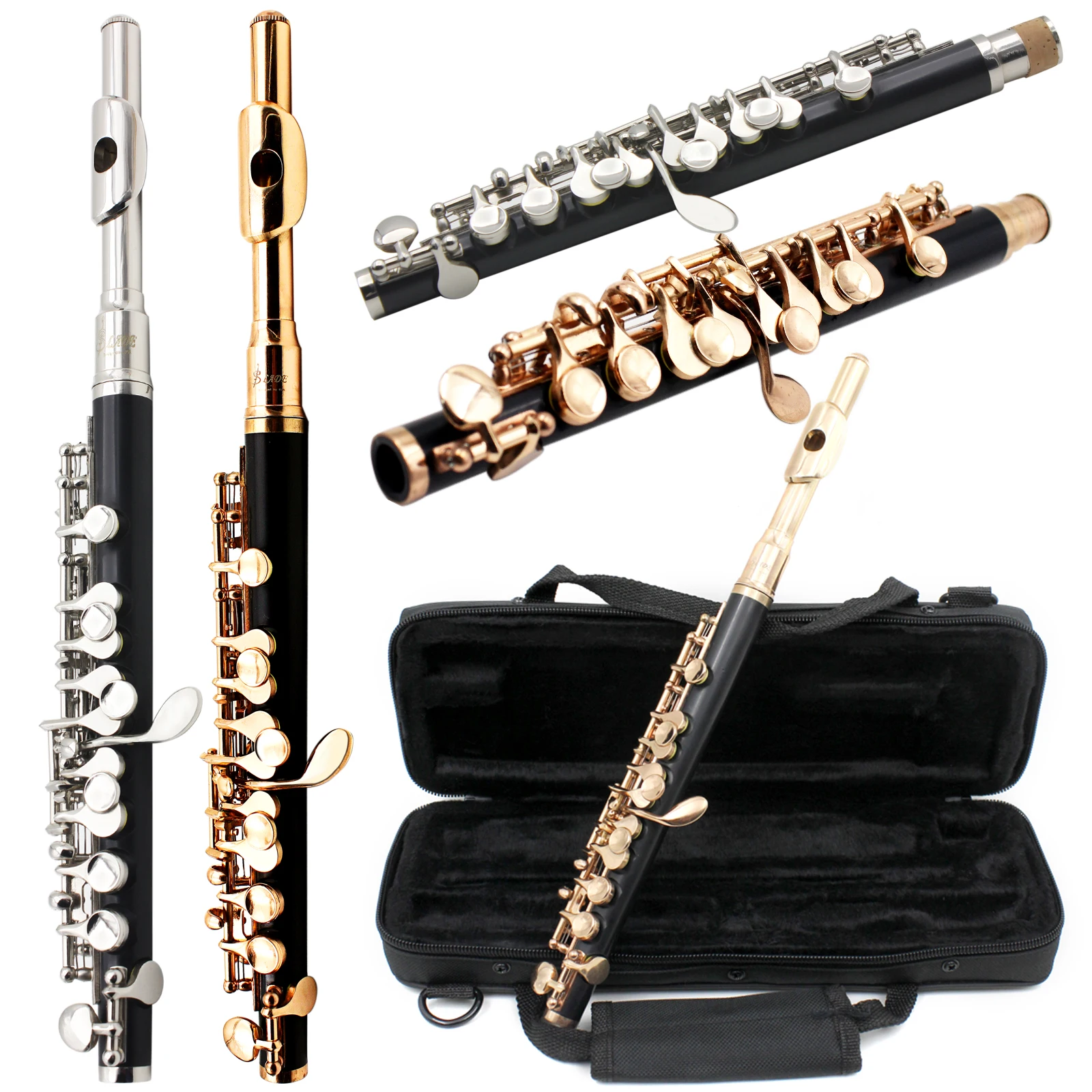 SLADE 16 agujeros Piccolo C tono dorado plata E llave cuproníquel cuerpo Piccolo instrumento de viento de madera con estuche de tela paño de limpieza