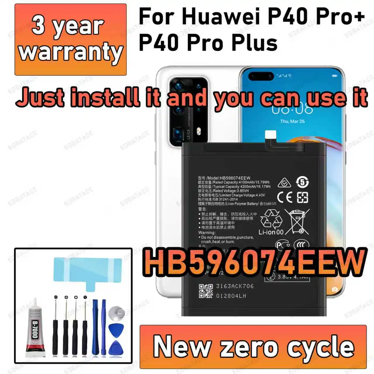 100% New High Capacity HB596074EEW Battery For Huawei P40 Pro+/P40 Pro Plus 5G Phone batteries batteria+Free Tools
