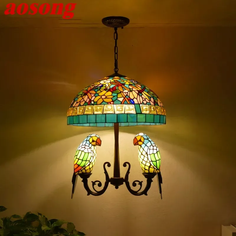 AOSONG Tiffany Parrot Chandelier Vintage Creative Color Glass Living Room restaurant Bedroom Hotel Corridor Pendant Lamp