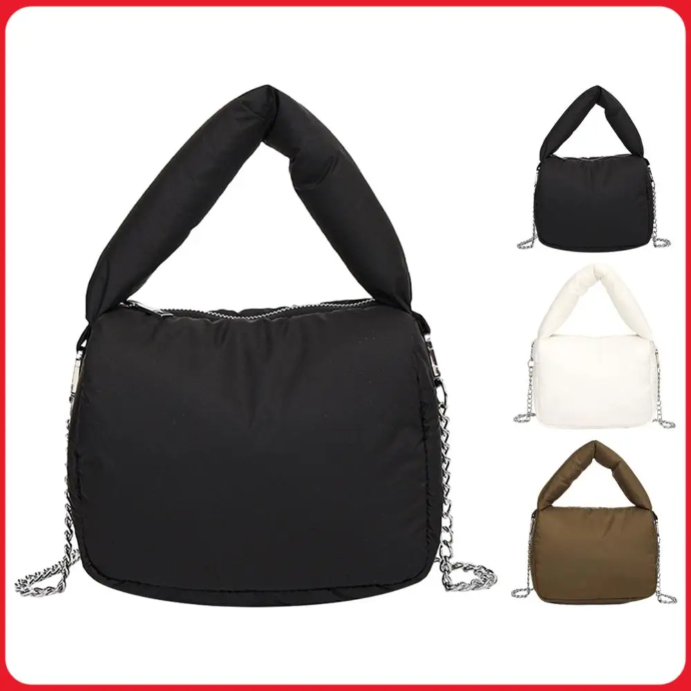 

Women Nylon Puffer Crossbody Bag Zipper Closure Handbag with Chain Top-Handle Bag Solid Color for Work Travel
