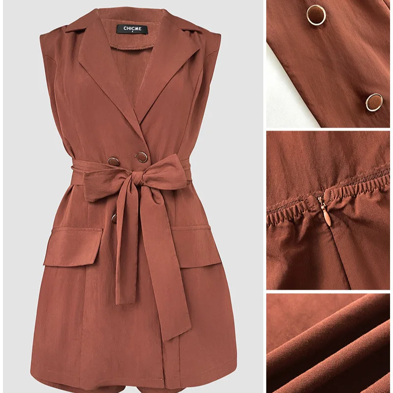 Body taille haute pour femmes, col cranté, sans manches, détail noué, barboteuse à boutons