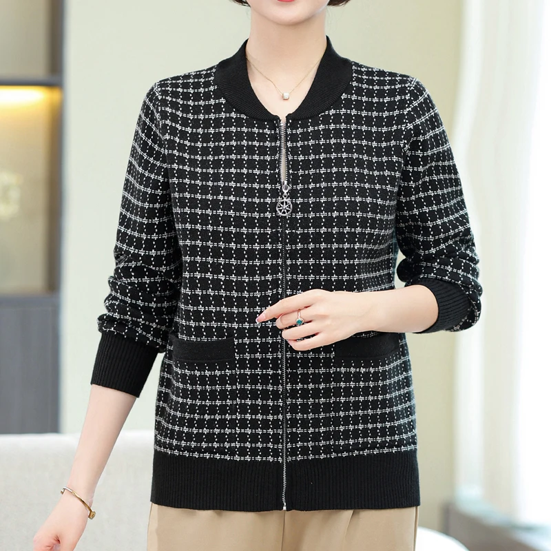 

Plaid Cardigans Spring Autumn Sweater Women Knitted Top Femme Fashion Zipper Female Coat