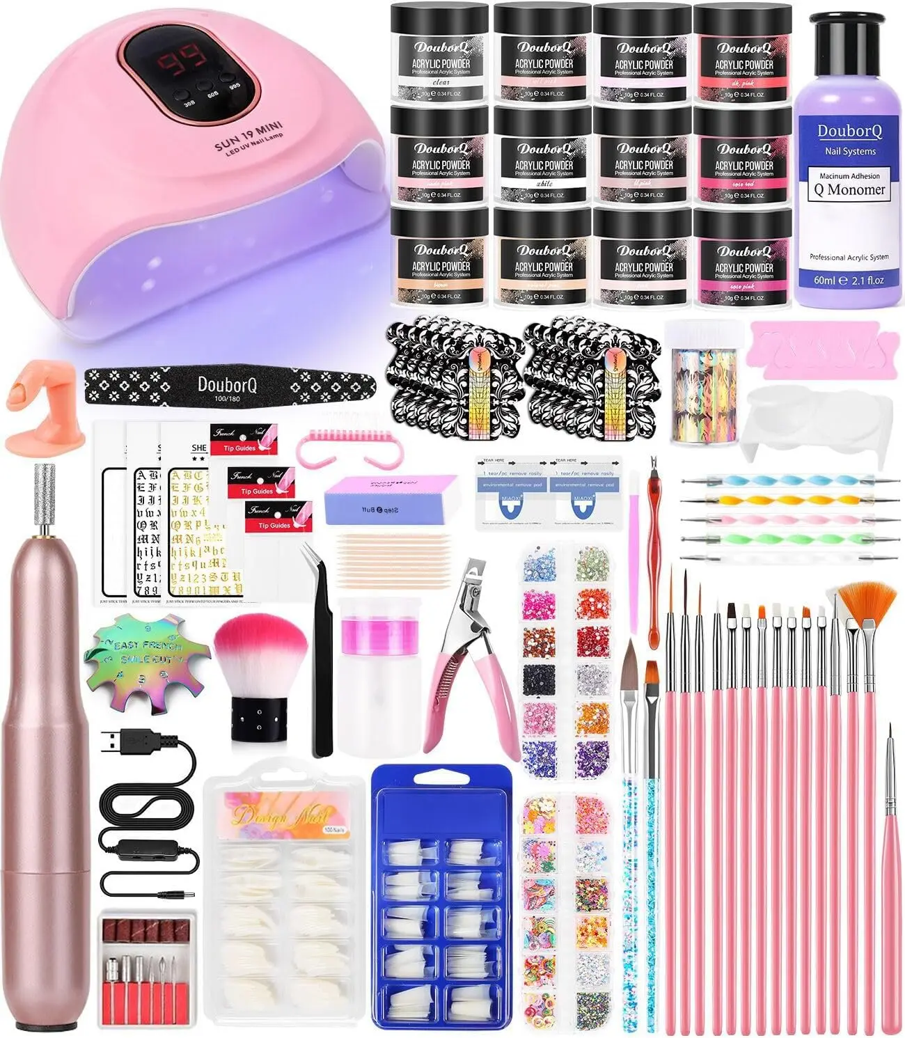 

Complete Acrylic Nail Art Kit with Lamp, Drill, Glitter & Tools for Home Manicures