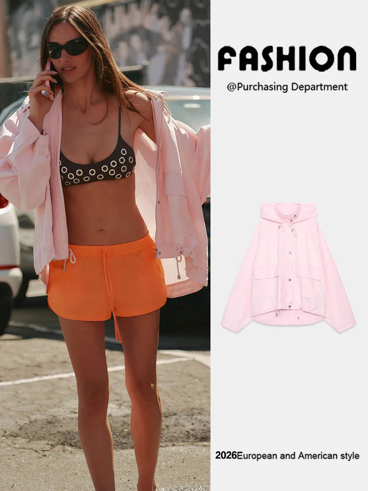 

Spring New Arrival Women's Casual Long Sleeve High Collar Adjustable Hem Hooded Jacket ZA2026 Elegant Fashion Outerwear