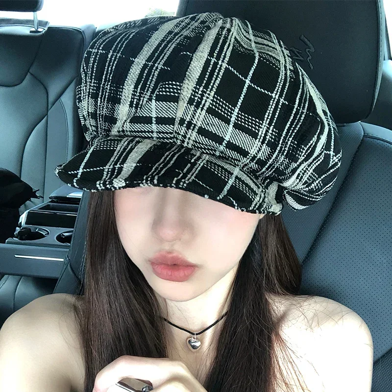 Y2K Plaid Belt Buckle Turned Brim Octagonal Hats for Women Autumn Hundred Hat Vegetarian Painter Cloud Newsboy Cap Gorras