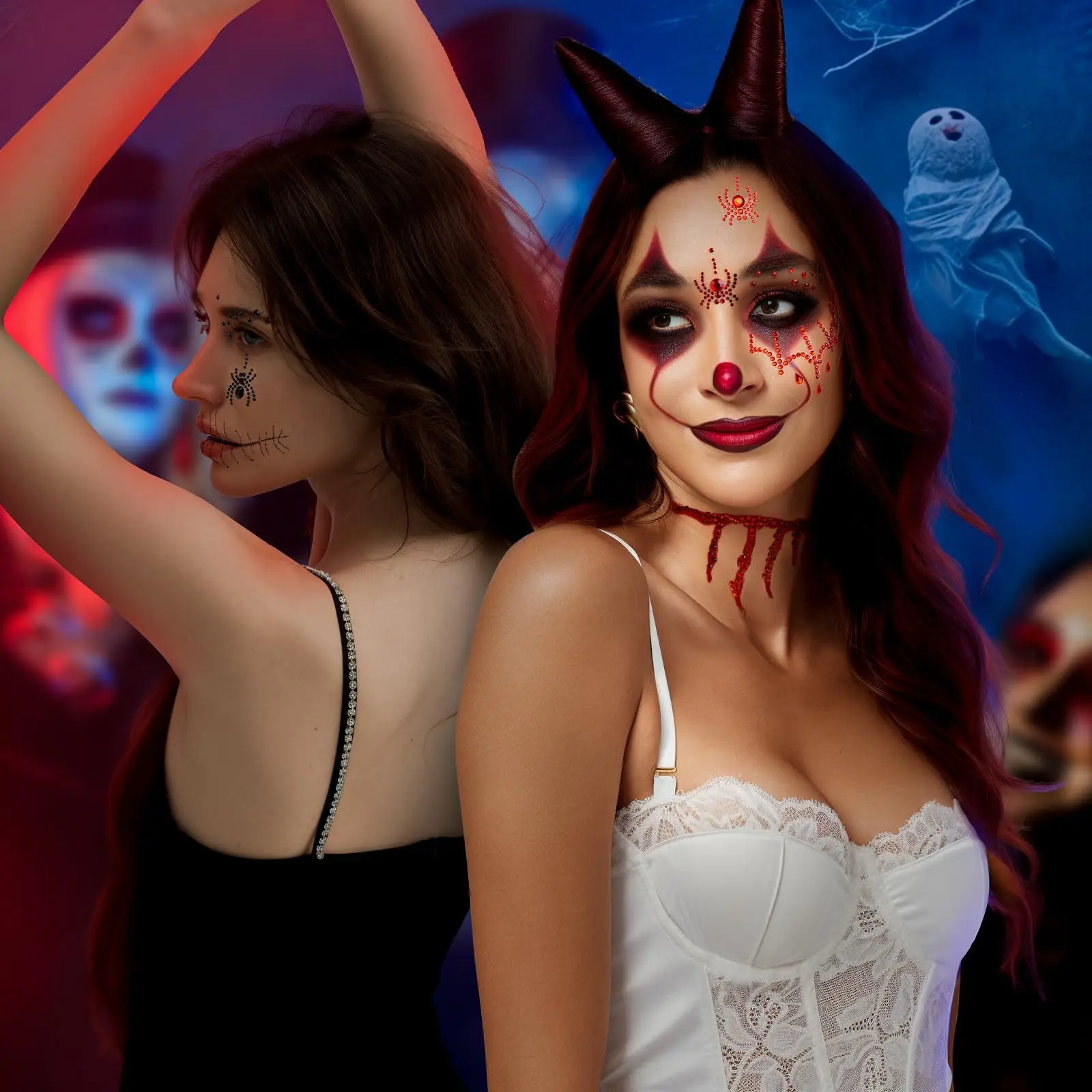 Face Gems Jewels Stick On Red Black Rhinestones Halloween Makeup Face Stickers 3D Spider Web Jewels Stickers Rave Accessories
