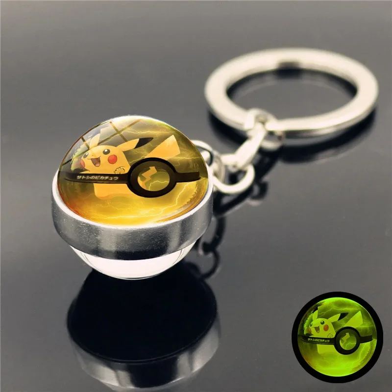 Pokemon Anime Figure Keychain Eevee Pikachu Mewtwo Pendant with Crystal Ball Glow In The Dark Key Chains Birthday Gift