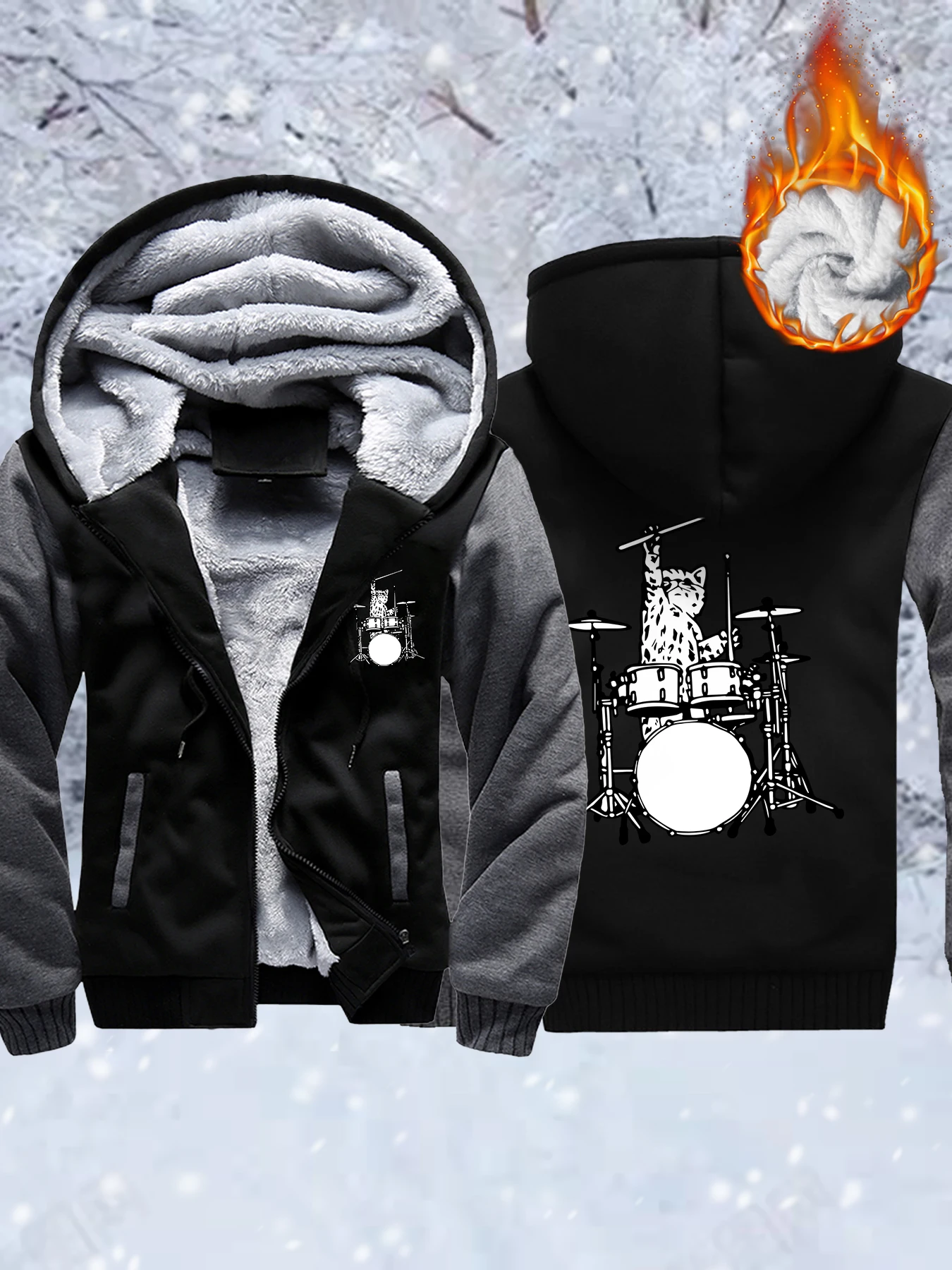 

Drum Music Cat Printing Thicken Coats Man Fleece Zipper Streetwear Men Hip Hop Oversized Jacket Unisex Casual Winter Hoodies