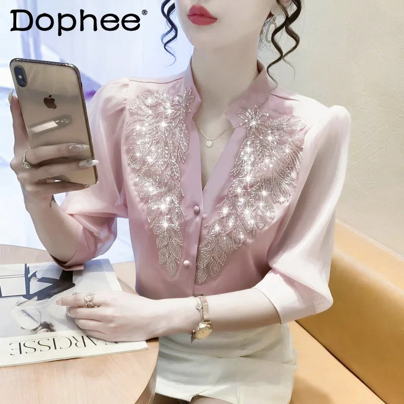 Schwere Stickerei Pailletten Diamant Perlen Knopf Shirt Frauen Mode mittellange weiße Bluse 2022 Frühling Sommer neue camisas mujer