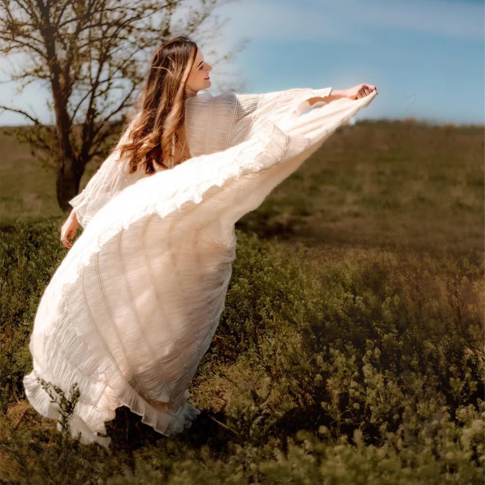 Gaun Bohemian Gaun Hamil untuk Pemotretan Gaun V-neck Lengan Panjang Lipatan Sifon Daun Teratai Fotografi Wanita Kehamilan