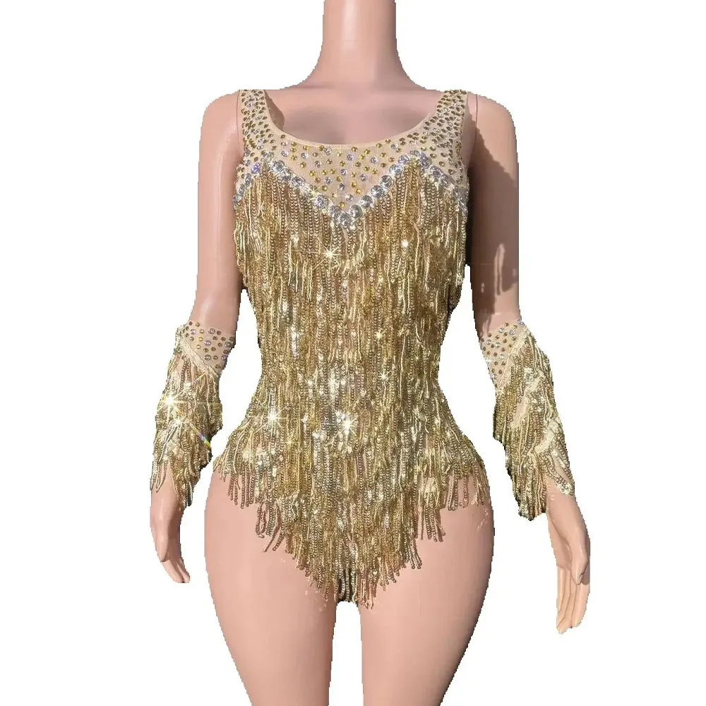 

Боди с блестящими стразами и кисточками, женский сексуальный танцевальный костюм для выступлений, наряд для фотосессии, певица, танцовщица, сценическая одежда
