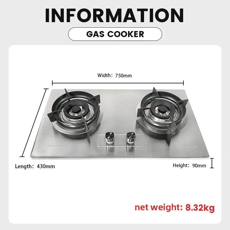 Factory Stainless Steel High Quality 2 Burners Gas Hob Cooker Flame-out Protection Built-in NG/LPG Gas Stove Gas Cooktops