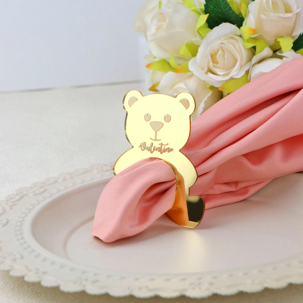 

50 шт. персонализированное настольное акриловое кольцо для салфеток с зеркалом и медведем, кольцо для салфеток с милым медведем на заказ и принадлежности для декора с именами