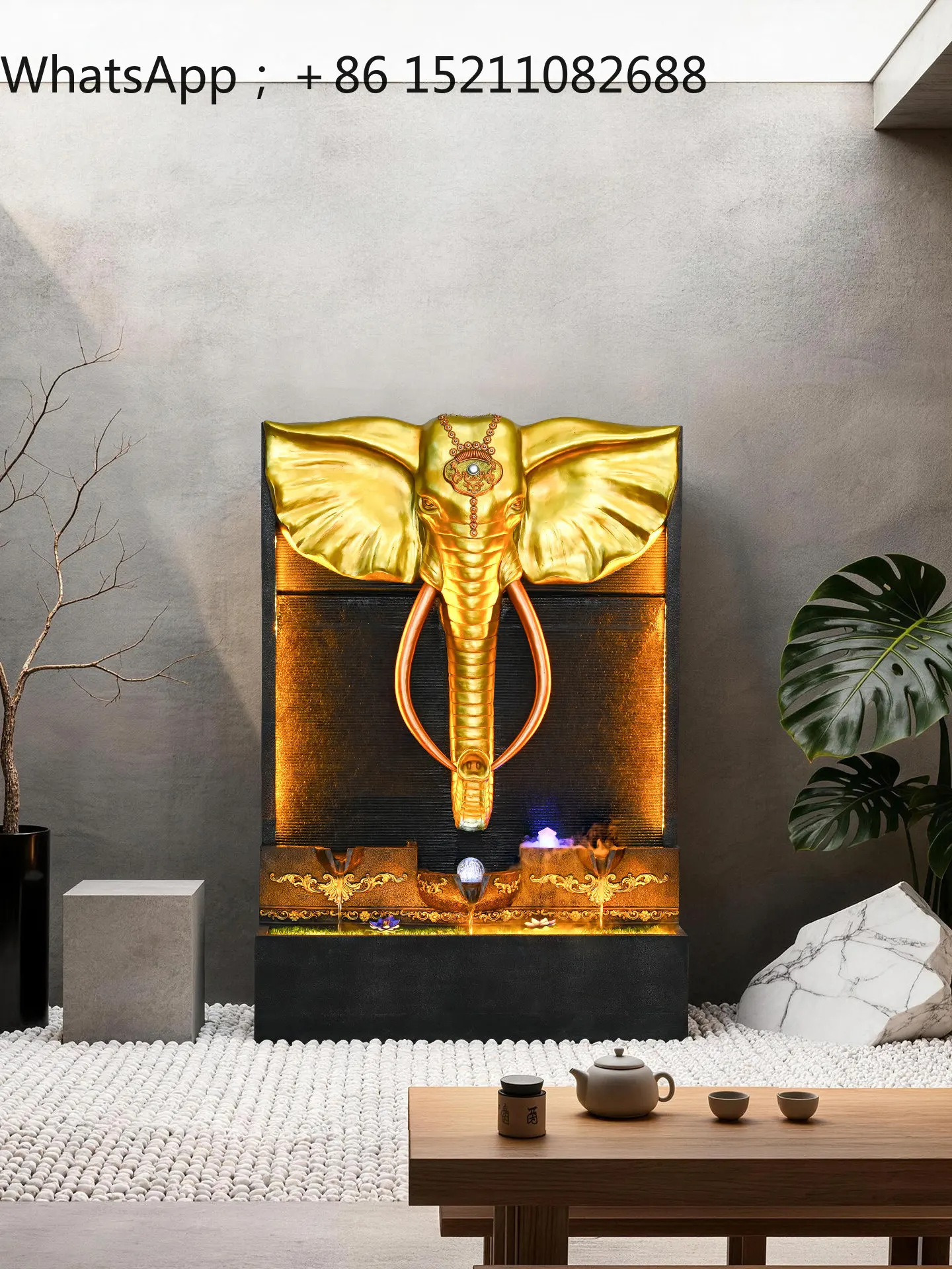 SCY elephant water curtain wall, flowing water floor ornament, circulating water feature, indoor entrance lucky ornament