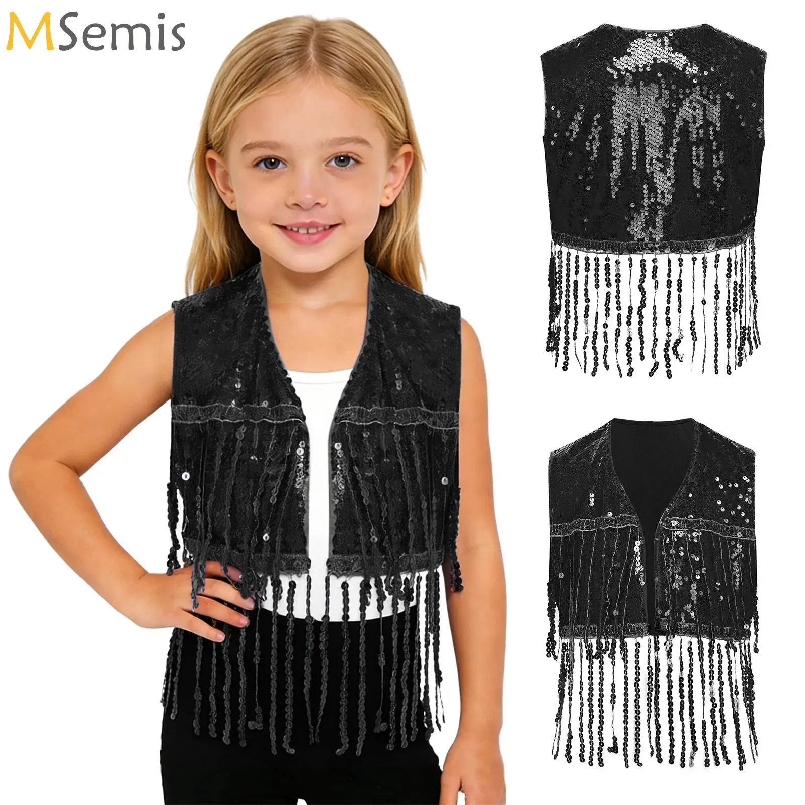 

Girls Tassel Jazz Dance Cha-Cha Performance Costume Sequin Waistcoat Cowgirl Tassel Vest Sleeveless Open Front Fringed Crop Tops