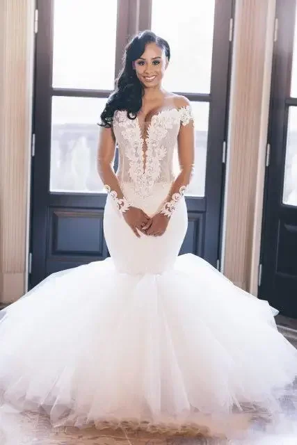 Abiti da sposa eleganti economici personalizzati a sirena africana araba taglie forti da sposa maniche lunghe con spalle scoperte