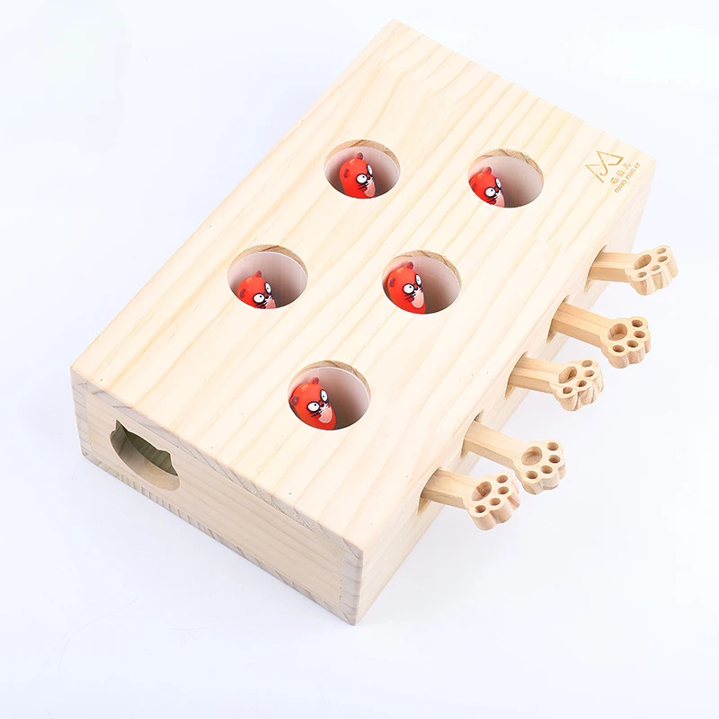 Wooden Interactive Cat Toy Puzzle Board Mouse Hunting Game Whack A Mole Teaser Stick Training IQ Toy for Indoor Cats