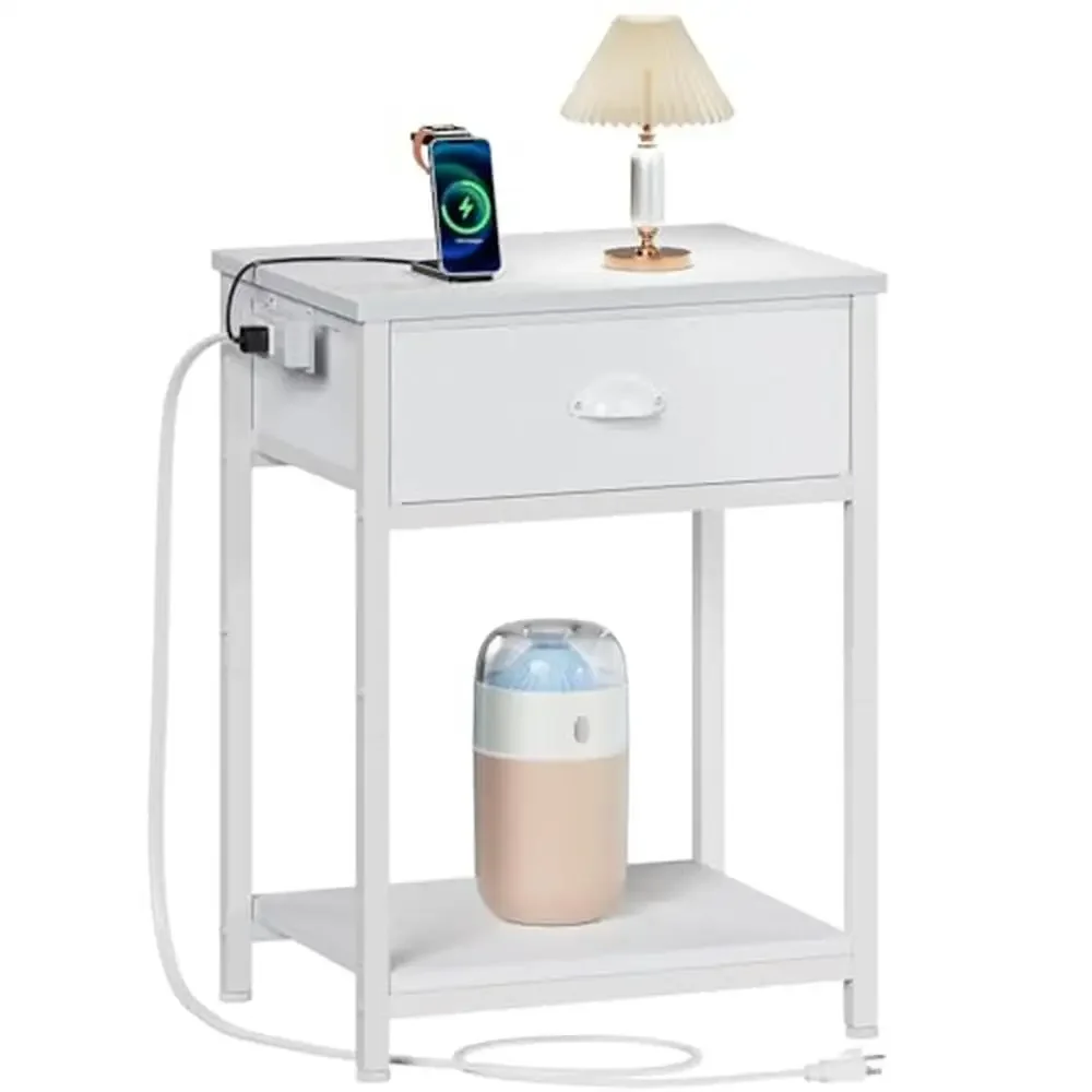 

Bedside Table with Charging Station USB Ports Fabric Drawer 3-Tier End Table Storage Shelves Metal Frame White Nightstand