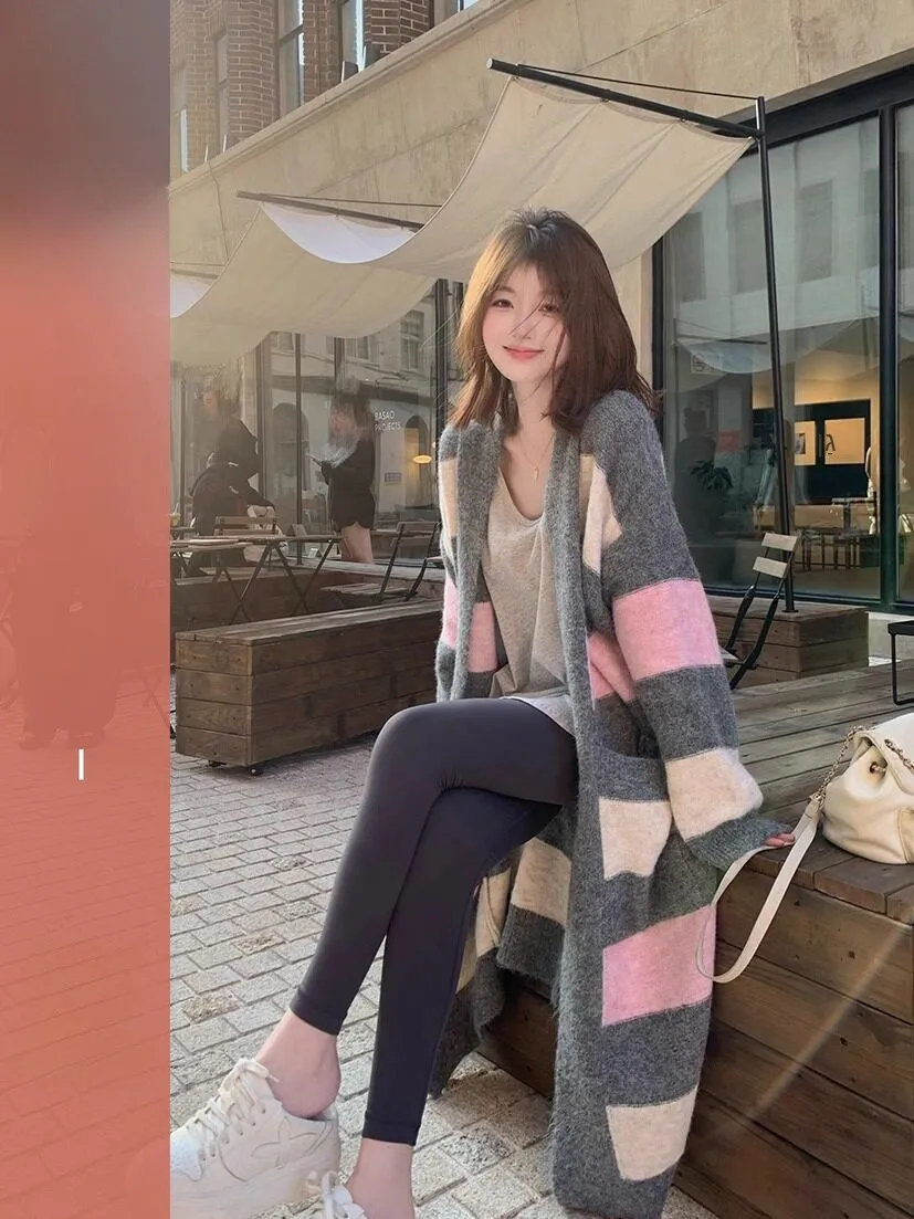 

Soft Striped Loose Knitted Open Cardigan Women's Autumn Medium Length Thin Sweater Jacket Commute Style Long Sleeve