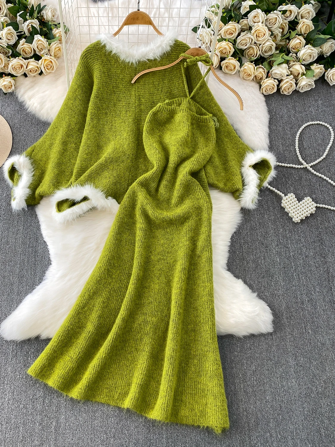 엘레 롱 니트 드레스 헤비 퍼 패치워크 레이지 코트 하이 웨이스트 A라인 스커트 슬레 윈터 이브닝 파티 드레스