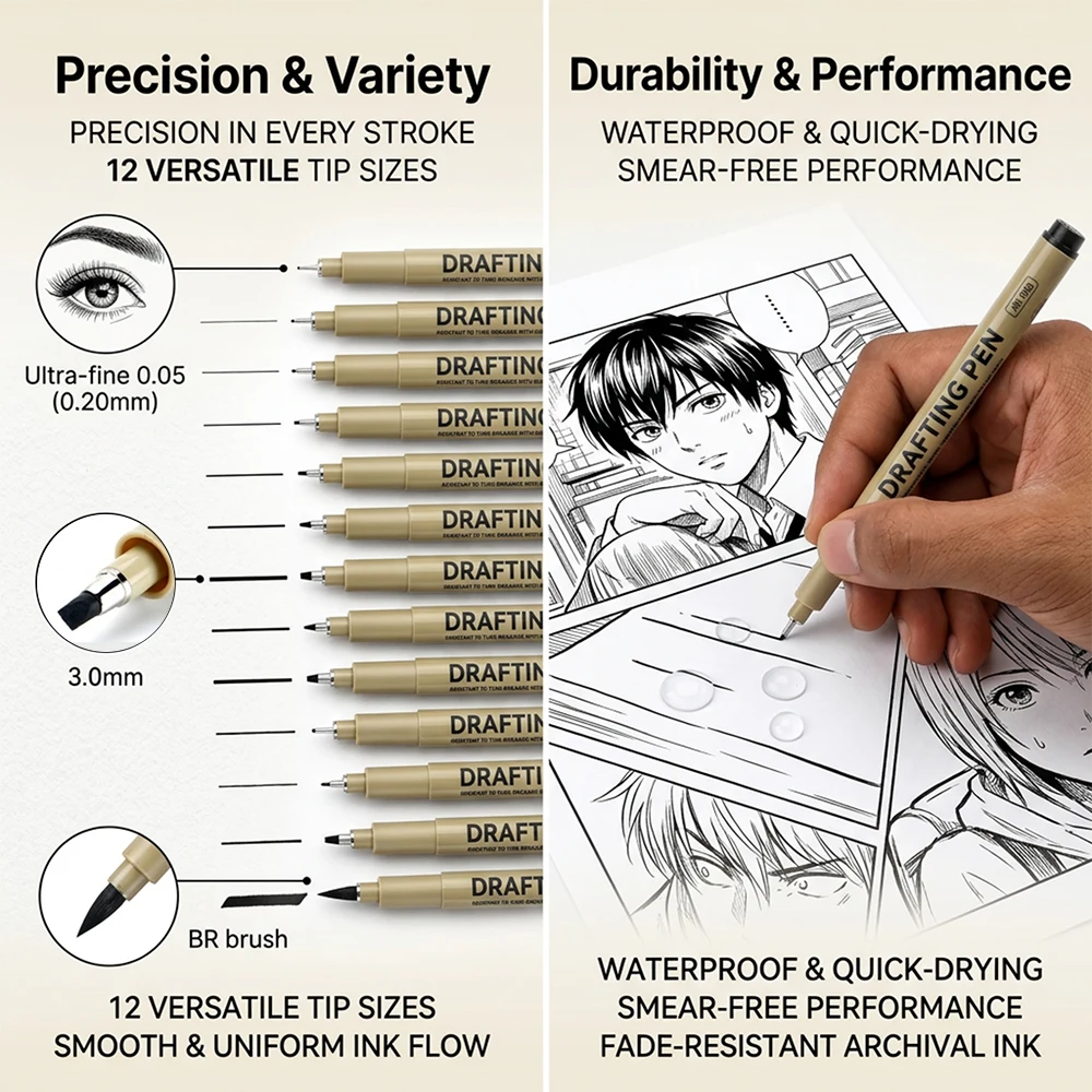 6/9/12 Pcs Manga Black Fineliner Markers Professional Drafting Illustration Sketch Waterproof Fast-Drying Micro Line Drawing Pen School Office Art DIY Supplies view 2
