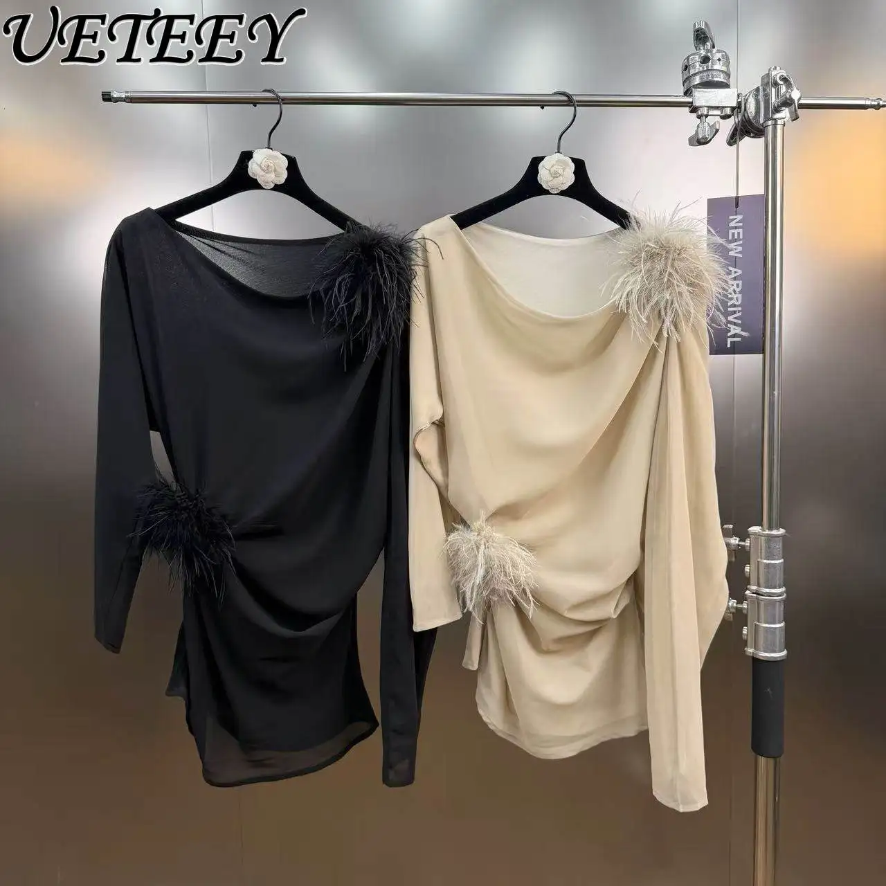 

2026 Spring Light Luxury Style Asymmetrical Long Sleeve Top with Ostrich Feather Pin Waist-Cinching Commuter Chic Blouse