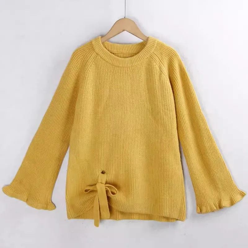 

Faionable Floral Lace Bell Sve Long Sve Knitted Sweater Women's round Ne Tied Waist Autumn Winter New Sle 3790