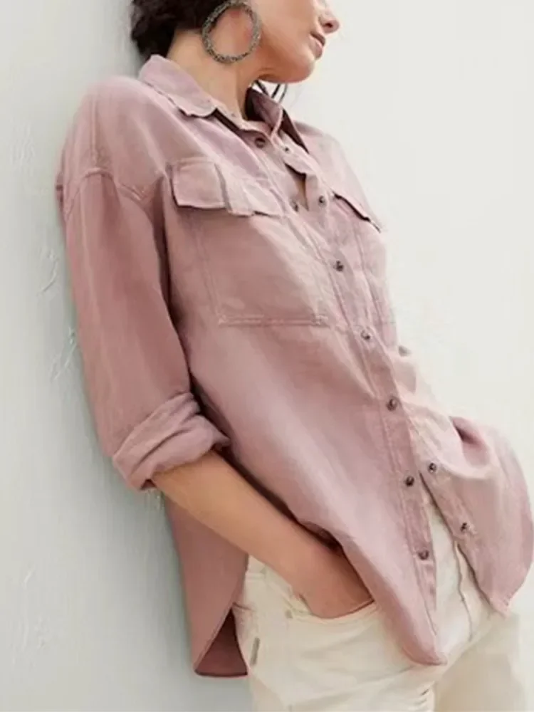 

Women Single Breasted Loose Shirt Beading Chain Pockets Turn-Down Collar Casual Female Long Sleeve Blouse 2023 New