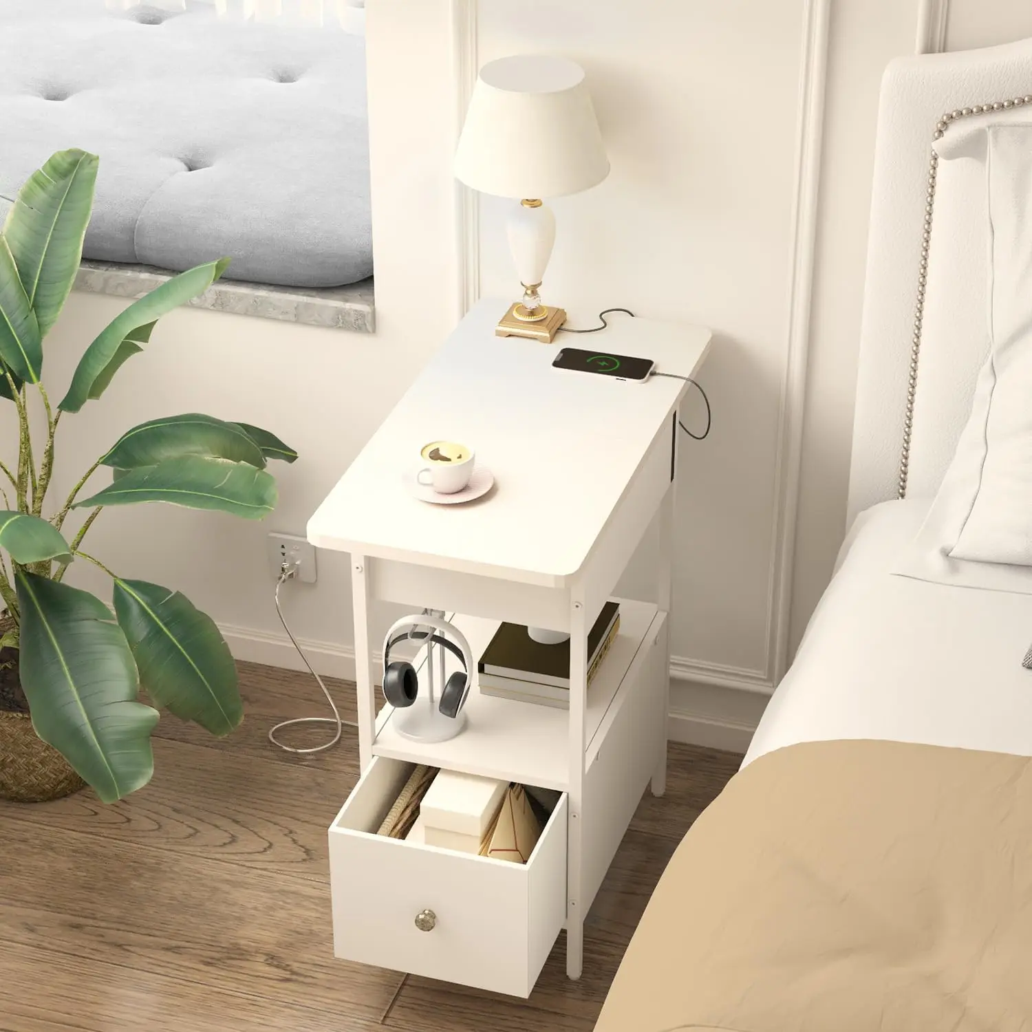 End Table with Charging Station, Narrow Side Table with Flip Top Cabinet and Fabric Drawer, Nightstand Bedside Tables for Sma