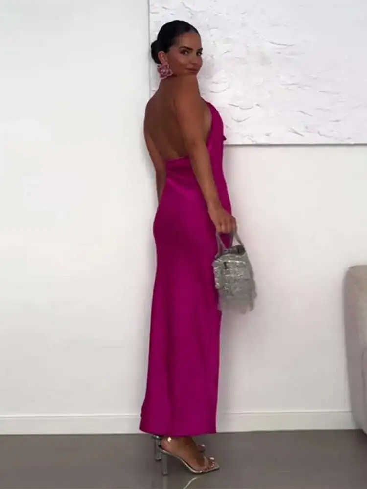 非対称サテン女性 Babyoung マキシドレス固体ノースリーブ背中の開いたプリーツ女性のドレス 2025 春ビーチイブニングパーティーローブ