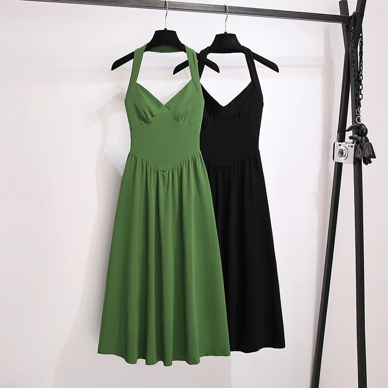 

Sexy Elegant Party Long Dress Sleeveless Halter V Neck Vintage Bandage Green Pleated Sundress Female Plus Size Summer Clothing