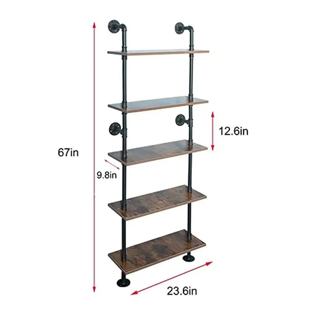 5-Tier Industrial Pipe Wall Mount Bookshelf Display Rack with Vintage Design Metal Frame Office or Living Room Durable Black