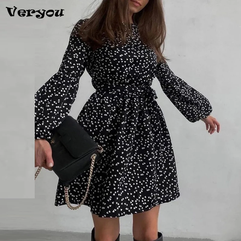 

Ruffled Polka Dot Long-Sleeved Dress for Autumn Ladies 2023 Fashion New Female Wave Dots A-Line Midi High Waist Elegant Dresses