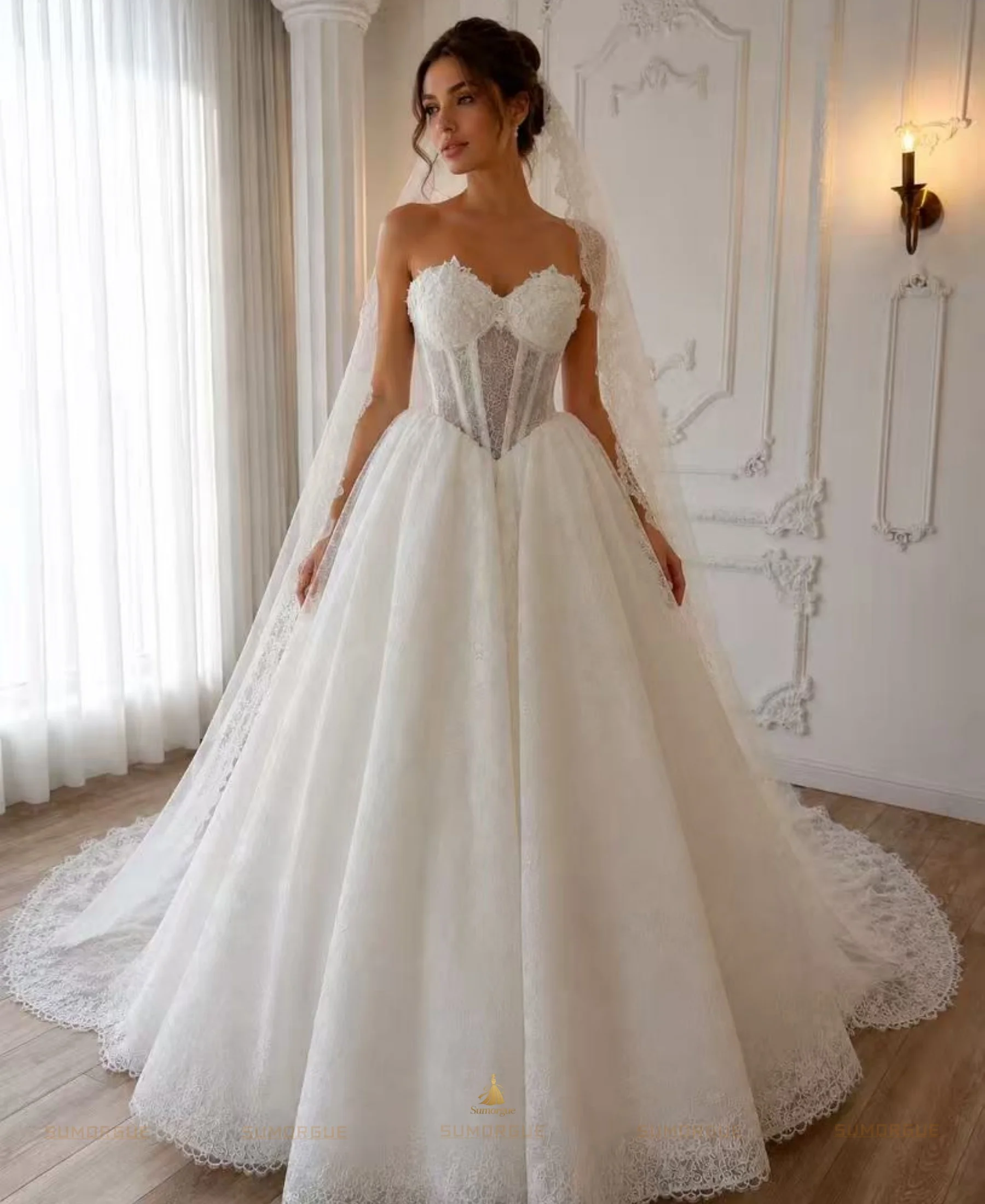 Elegant Lace Wedding Dresses For Women Sweetheart Bridal Gown With Chapel Train Beach Garden Wedding Party Dress HIGH Customized