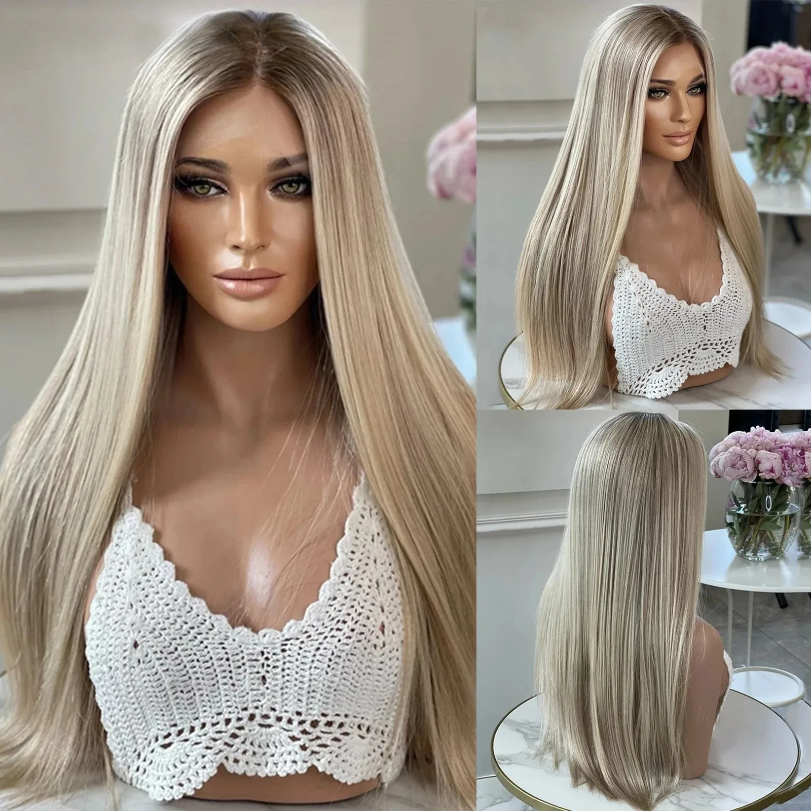 

Ombre Пепельно-русый парик спереди, прямые кружевные фронтальные парики, синтетический парик, высокое качество, повседневное использование, платиновые парики, косплей, вечеринка