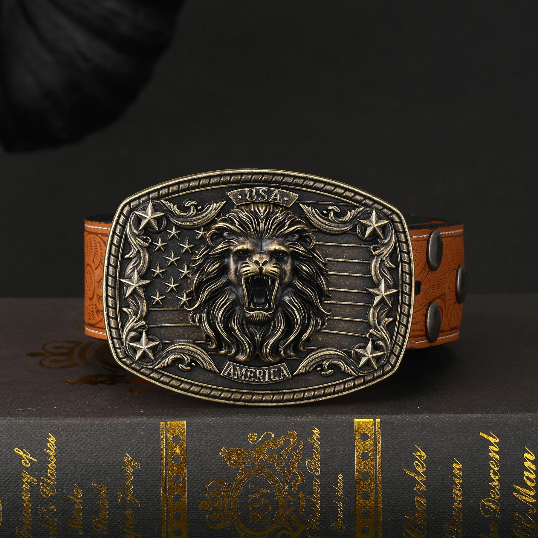 معدن مخصص الغربية حزام مشبك الأسد نمط الفضة النحاس والجلود كاوبوي نمط خمر سبيكة حزام مشبك