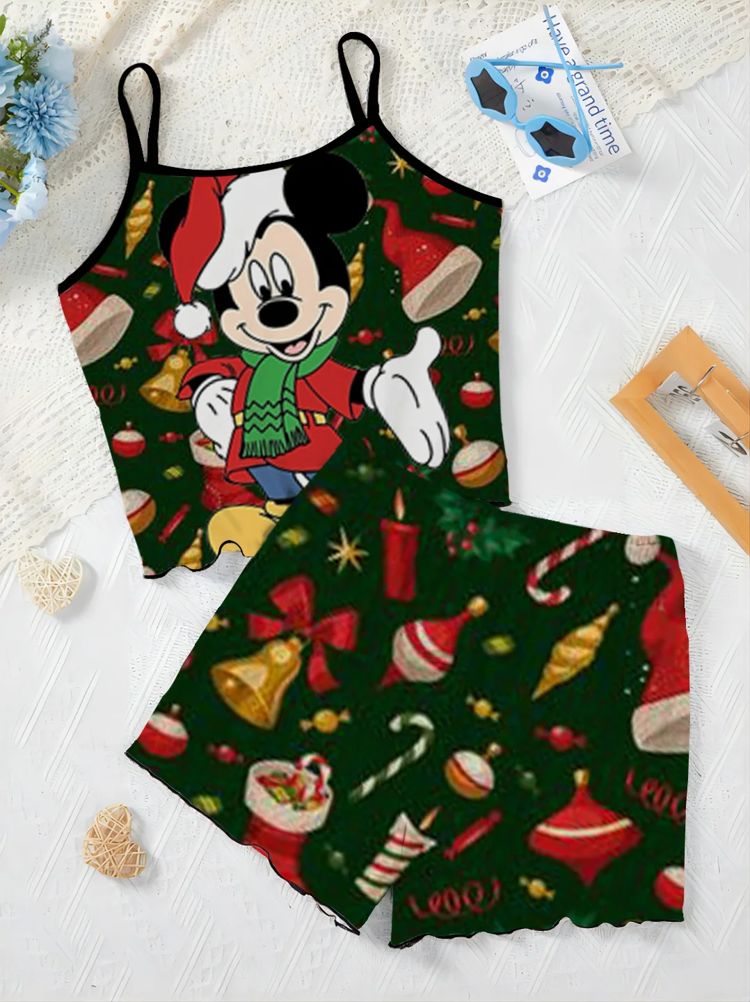 Elegant Women's Sets Home Dress Pajama Skirt Mickey Christmas Top Disney Lettuce Trim T-shirt Minnie Mouse Pieces Short Suit Top