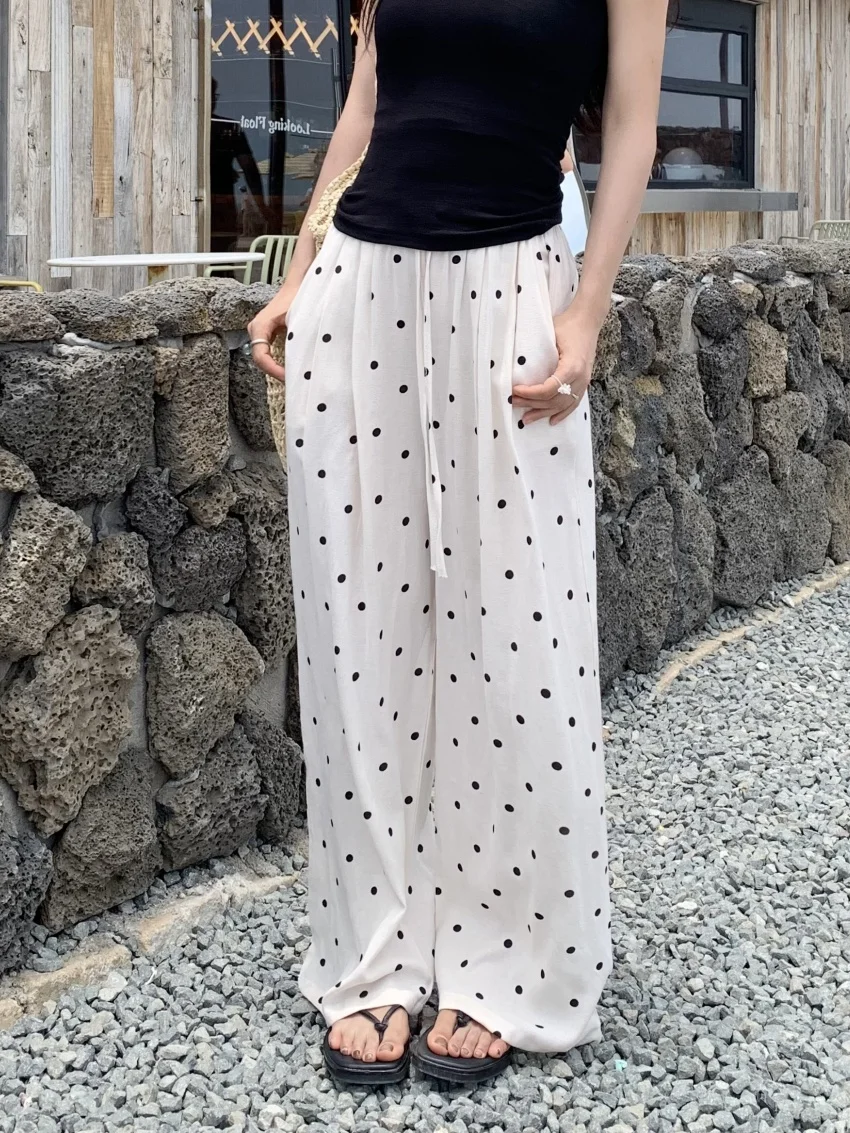 

PLAMTEE Holiday Summer Pants Wide Leg Women Cotton Linne 2025 OL Polka Dots Chic Casual Slim High Waist Streetwear New Straight