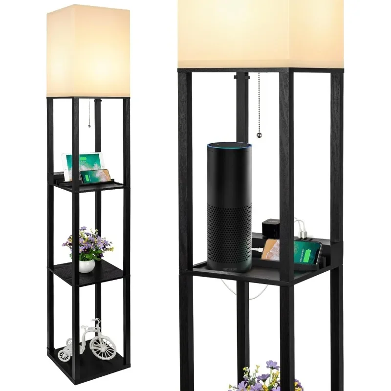 3-in-1 Shelf Floor Lamp with 1 USB&Type C&1 AC Outlet, 3-Tiered LED Shelf Lamp, Shelf & Storage Floor Lamp Combination