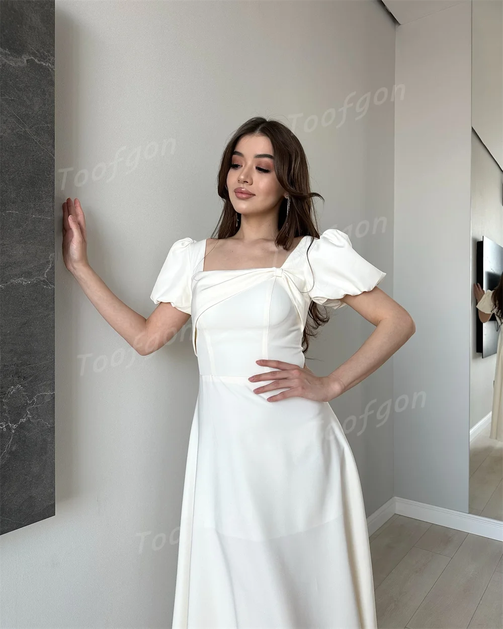 Toofgon Elegant Square Neck Long Evening Dresses Customized Short Puff Sleeve A Line Prom Gown Special Occasion Party Dress