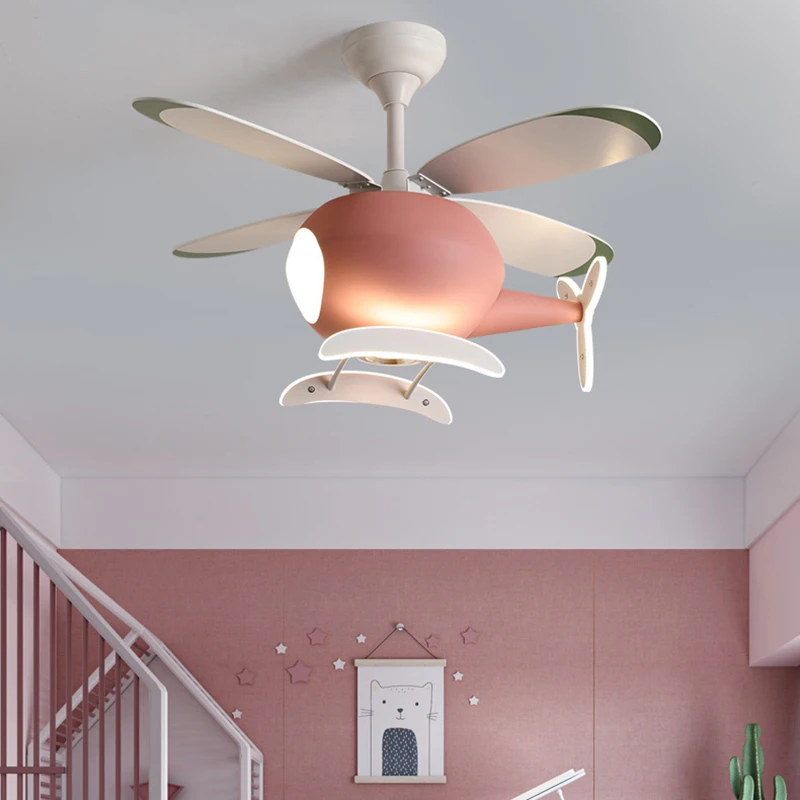 Blue Pink Airplane Children's Room Ceiling Fan Lamp Modern Colorful Helicopter Kids Bedroom Chandelier Cartoon Ceiling Light LED