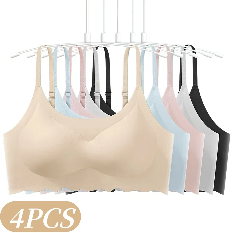 4-teiliges Set Damen Nahtloser Drahtloser BH mit Wellensaum, BH-Oberteil mit herausnehmbaren Brustpolstern, Unterwäsche, sexy Damen-Lingerie, S-XXL
