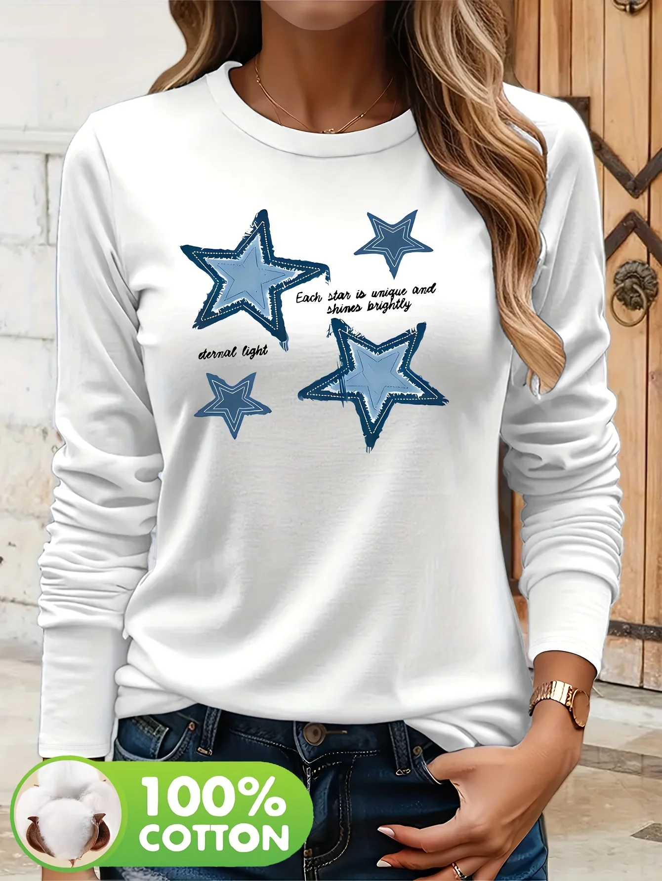 Hip Hop Fashion Heavyweight 100% Cotton Long Sleeve T-Shirt with Blue Star Print Casual Festive Top for Holiday T Shirt