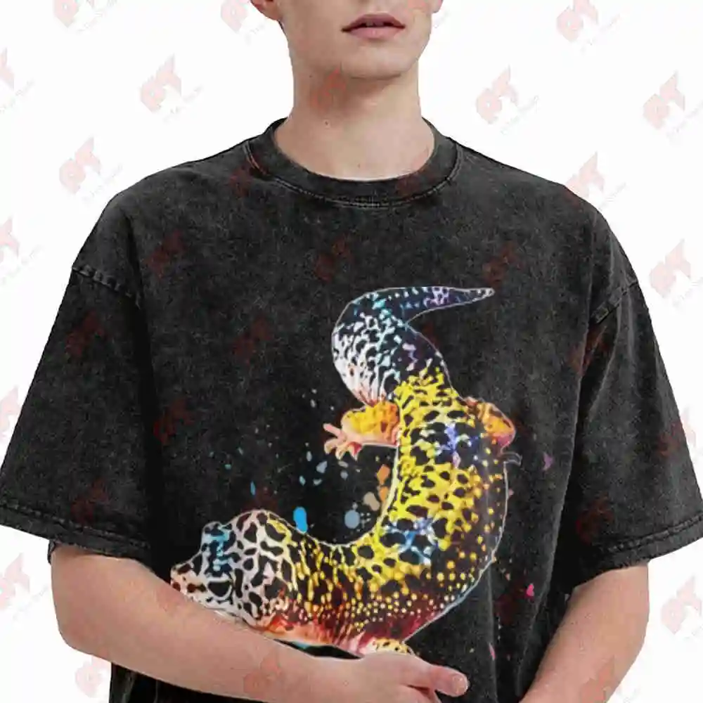 Leopard Gecko Blue Orange Reptile Vintage Washed Tee Pure Cotton T-Shirt