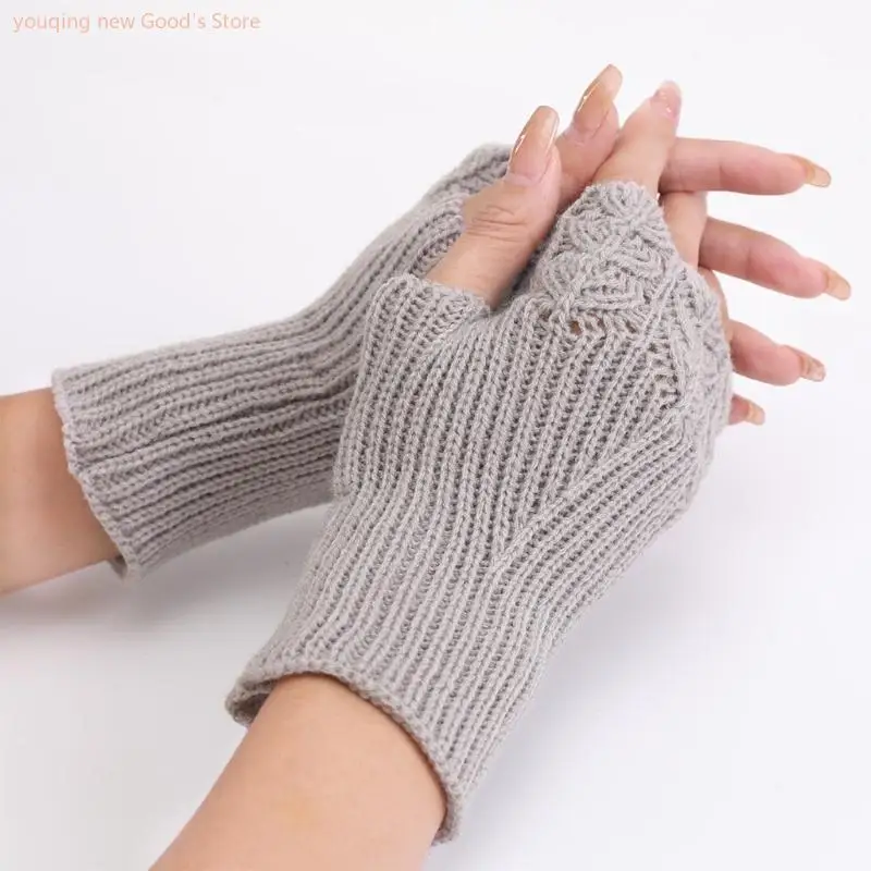 

49ME Knitted Fingerless Gloves Wrist Length Mittens Half Finger Winter Warm Mitten