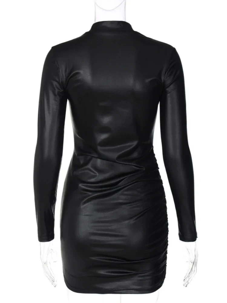 Sexy Imitation Leather Folds Slim Bodycon Dress Women Soild Color Long Sleeves Skinny Mini Dress Elegant Club Party Vestidos